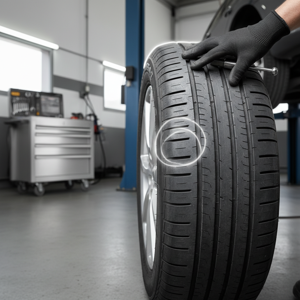 Tire sidewall bulge warning sign and unsafe damage indicators