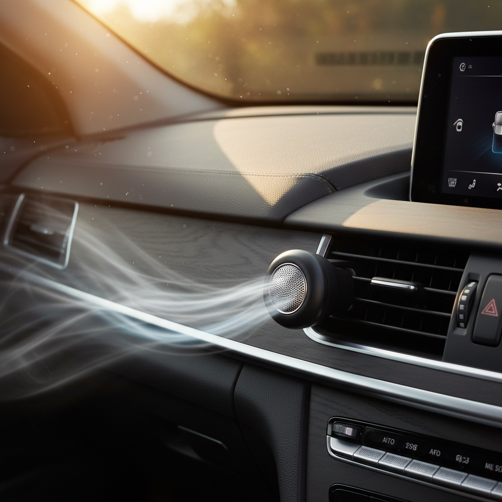 Close-up of car vent clip air freshener with airflow and sunlight