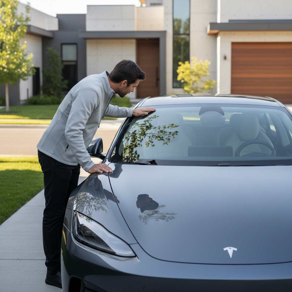 Driver inspecting windshield haze from outside to spot streaks on interior glass
