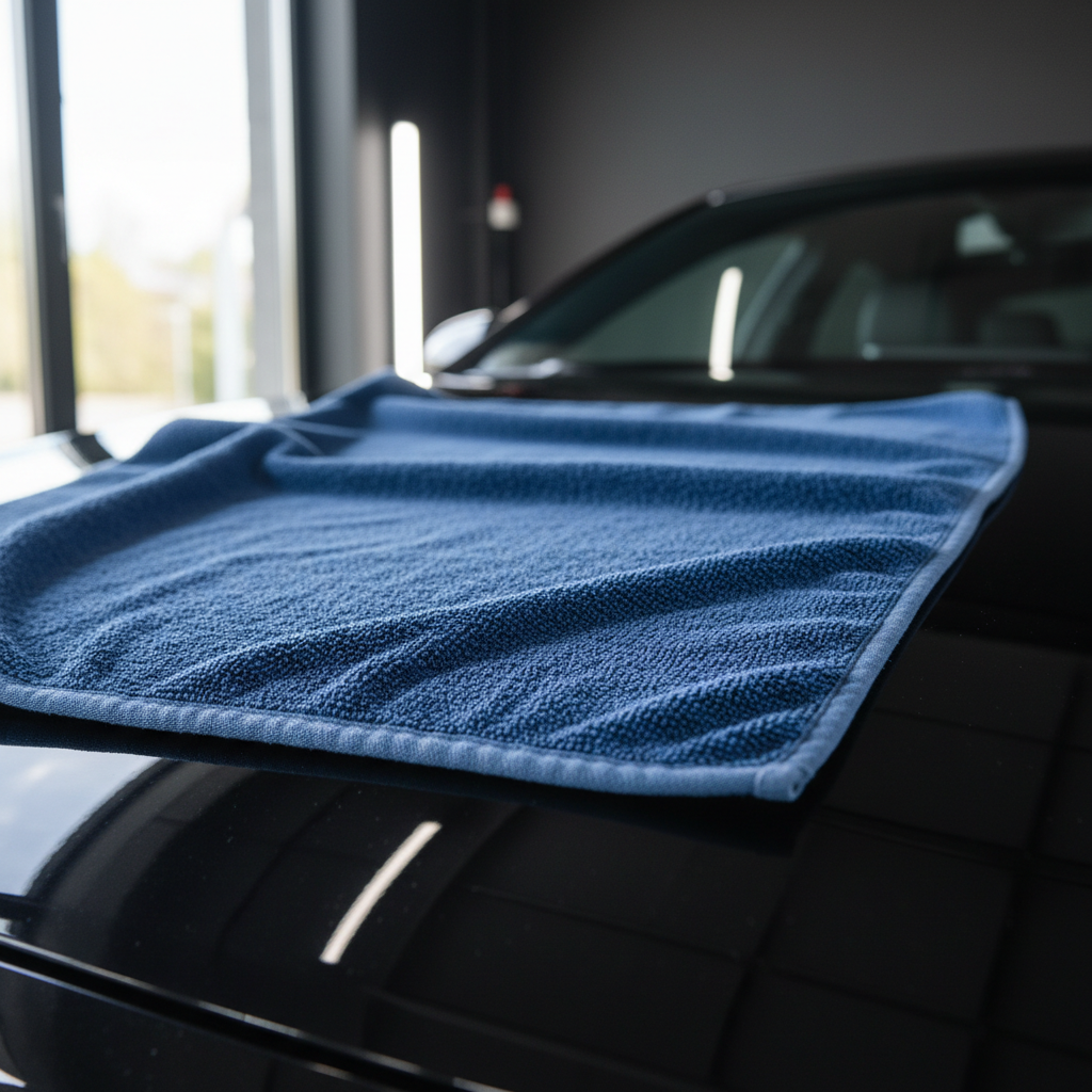 Microfiber drying towel on car paint showing plush pile and safe edge