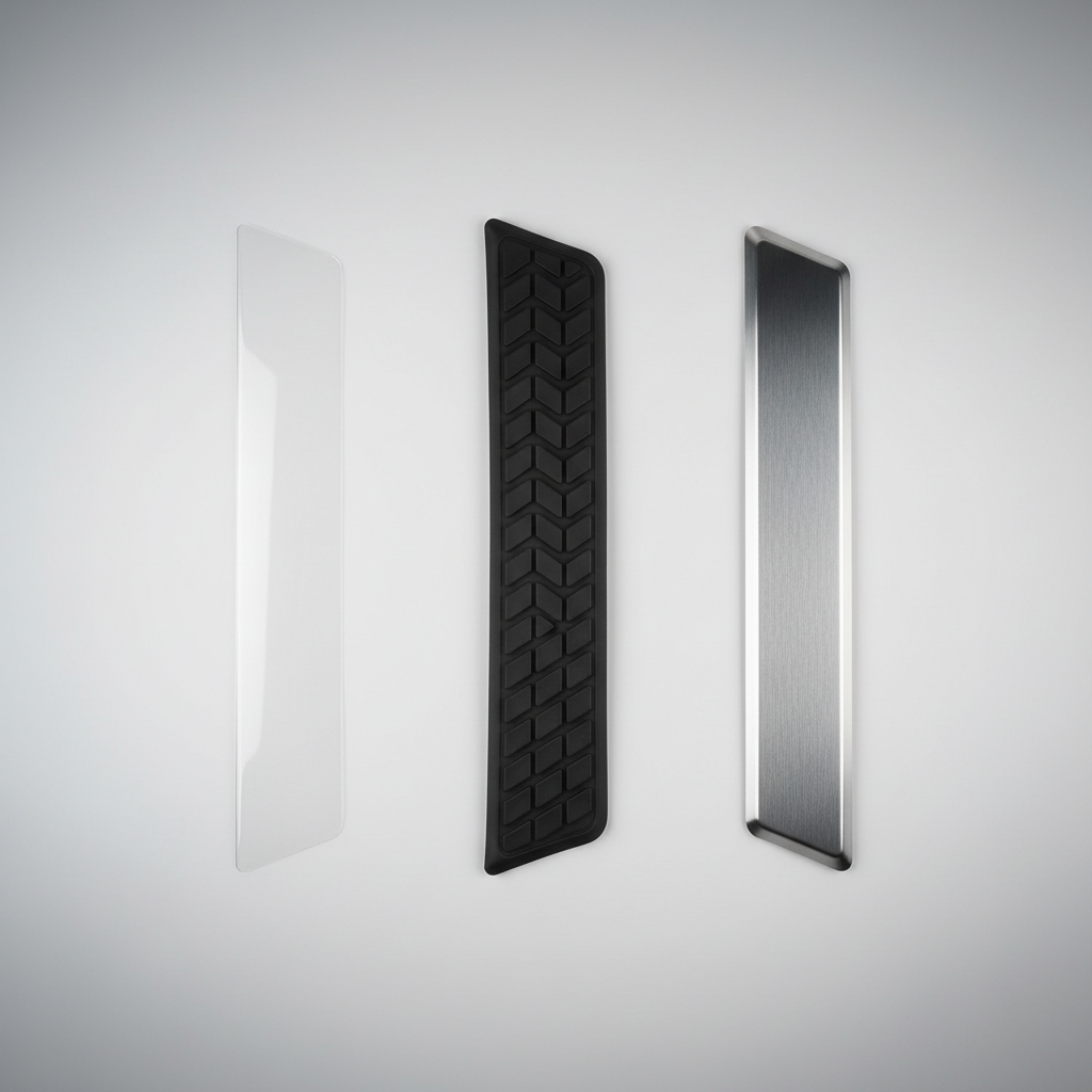 Different car door sill protector materials: film, rubber, and stainless steel