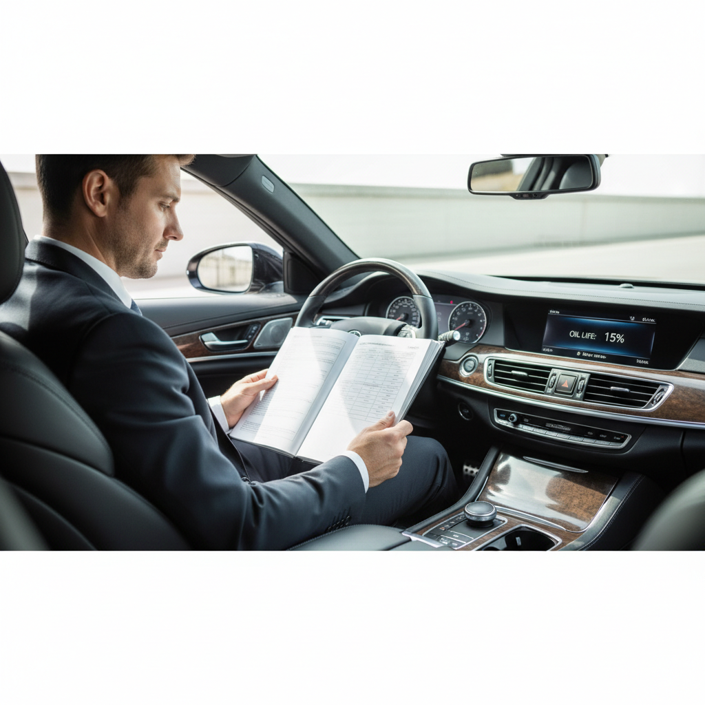 Driver checking oil change interval in owner’s manual and on dashboard oil life monitor