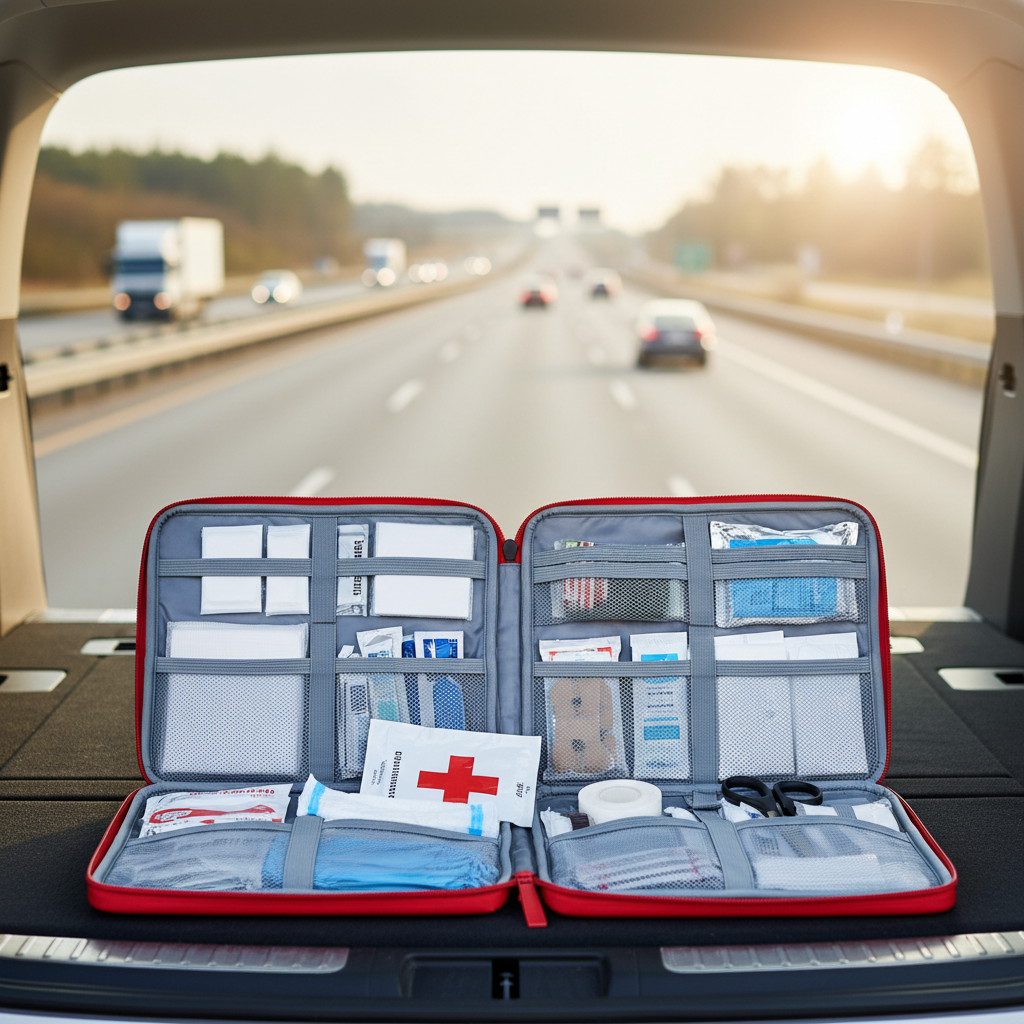Organized car first aid kit laid out on a trunk floor for road trip emergencies