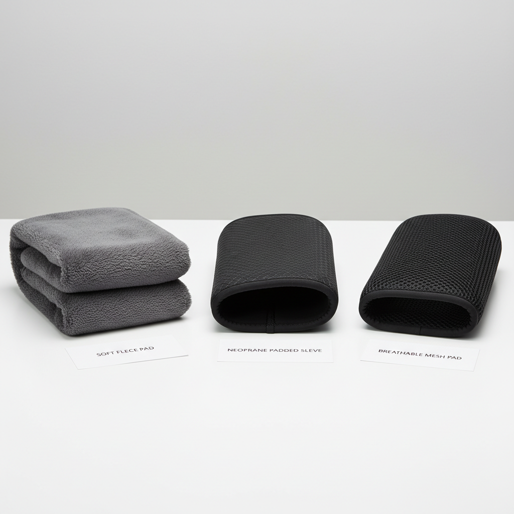 Different seat belt pad materials like fleece, neoprene, and mesh compared side by side