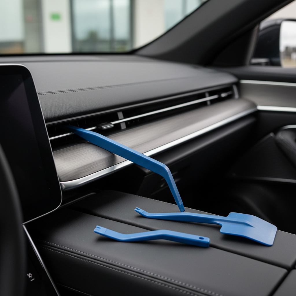 Plastic trim removal tools used on a car dashboard panel seam