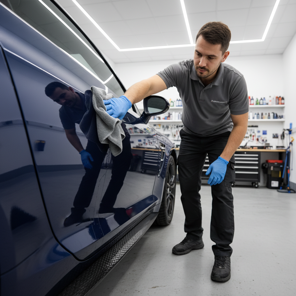 Detailer gently wiping tar remover from a car lower door panel with microfiber towel