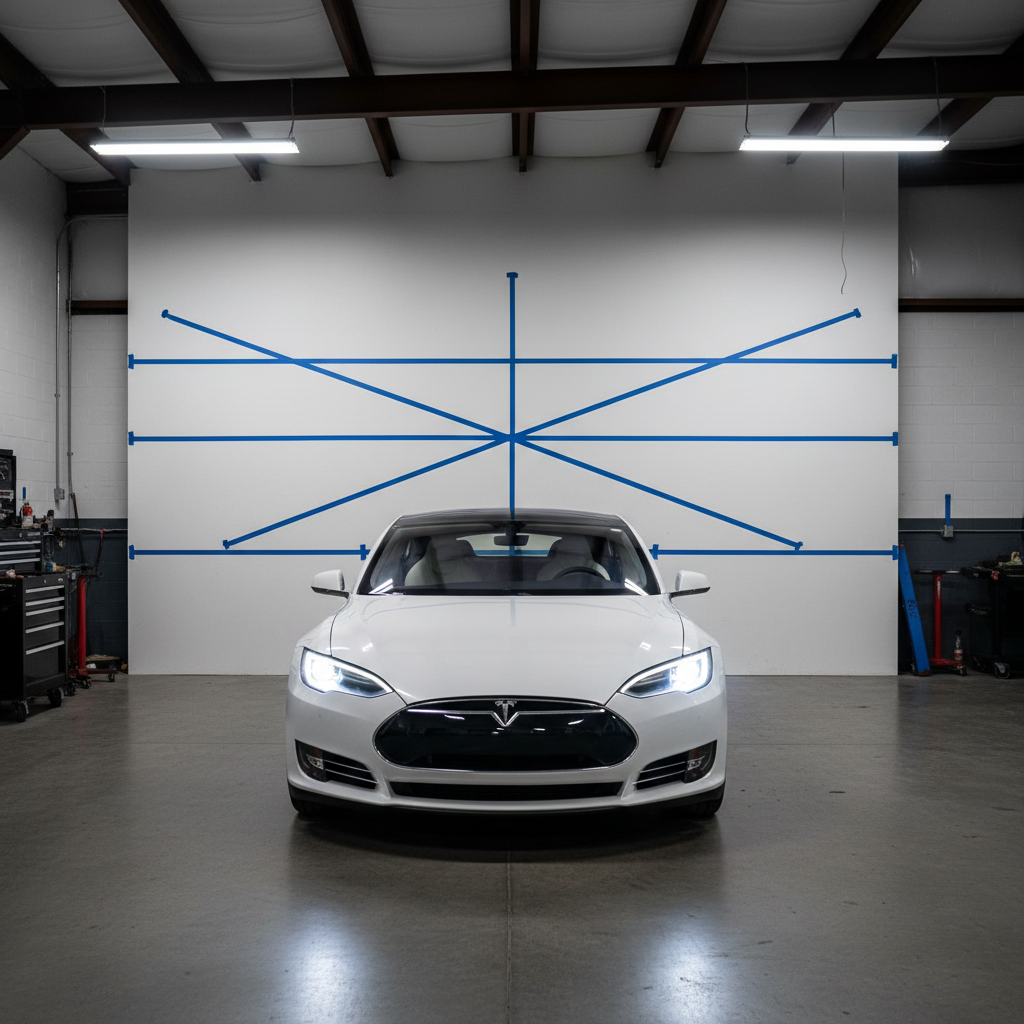 Headlight beam pattern aimed on a wall with tape marks