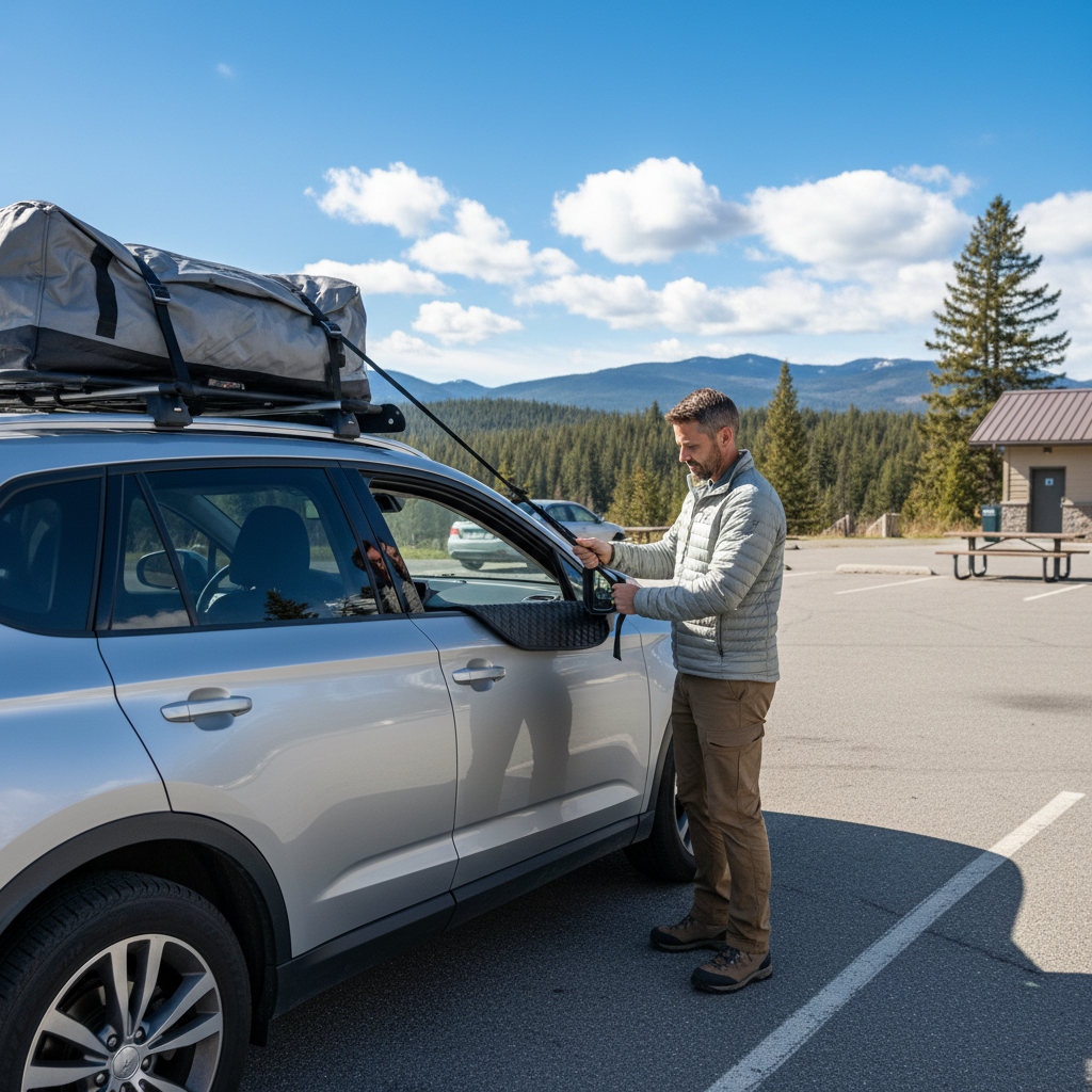 Driver checking roof cargo bag straps and non slip mat before highway trip