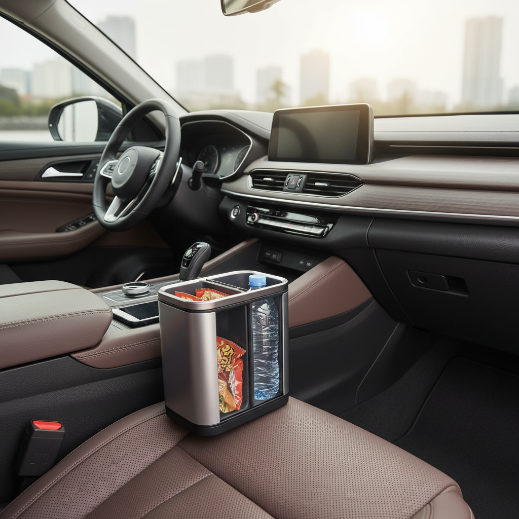 Car interior with a compartment trash can between seats keeping wrappers and bottles organized