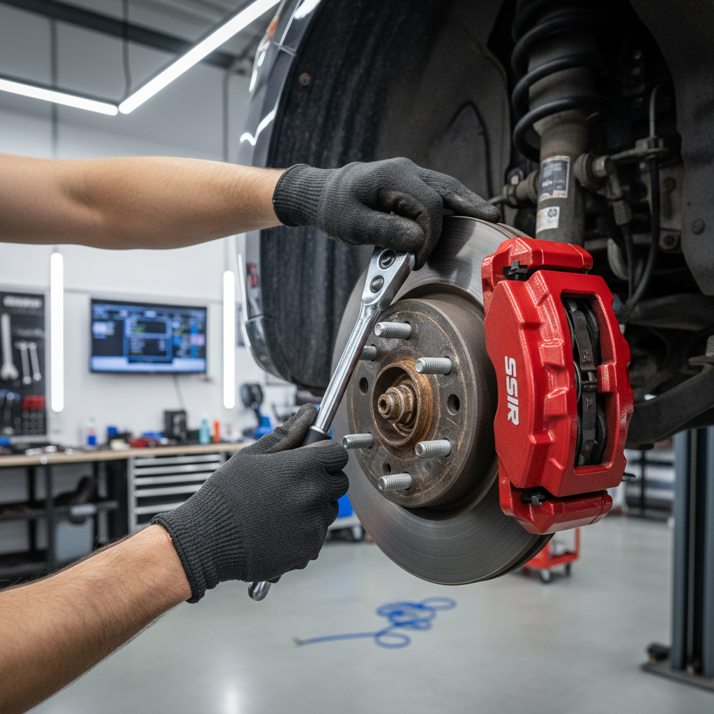 Technician removing a brake caliper guide pin bolt on a car