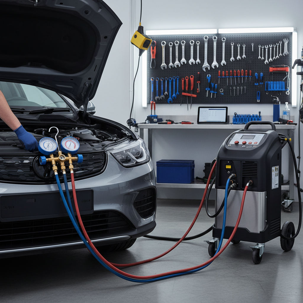 Automotive AC service gauges and refrigerant recovery equipment in a repair shop