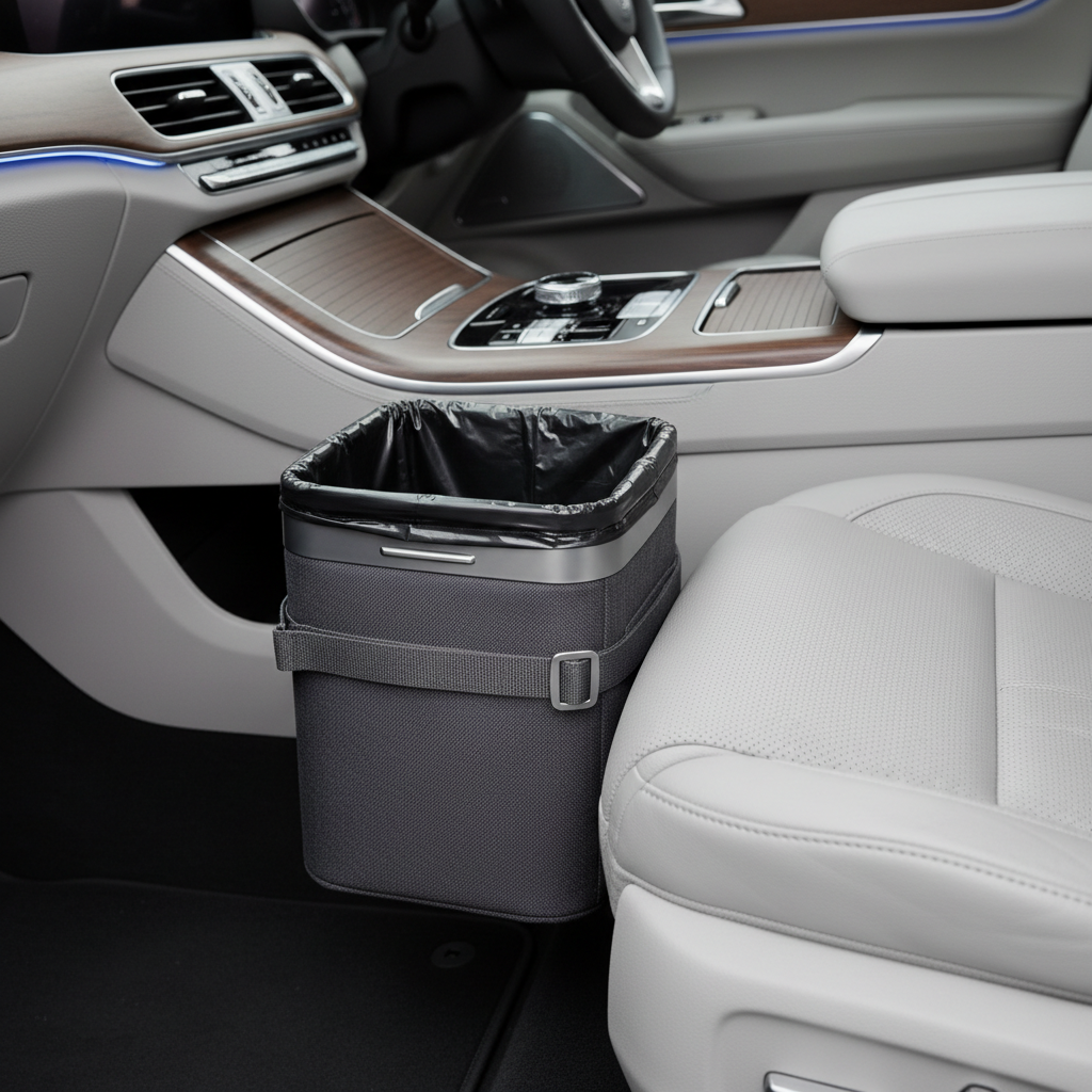 Car trash can with secure strap and sealed inner liner for front seat