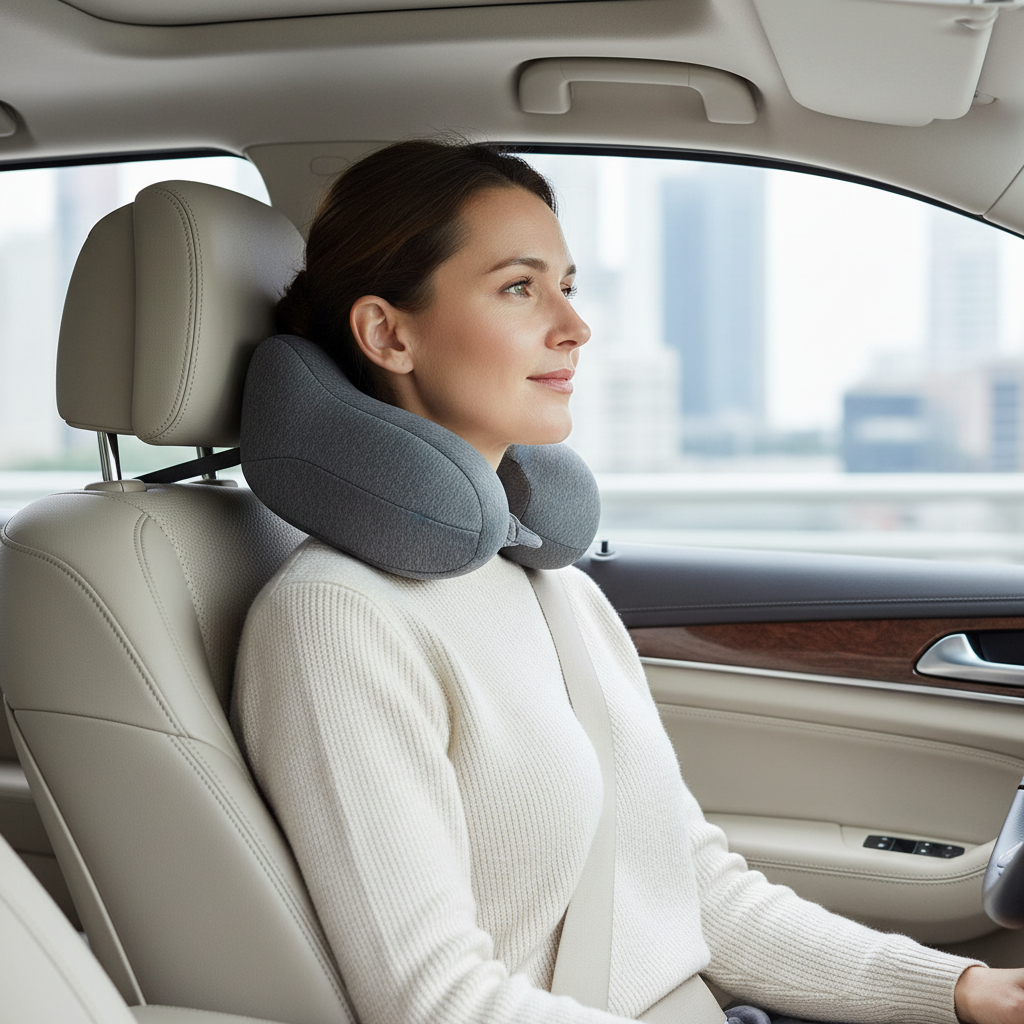 Passenger using a neck support pillow safely with seat belt visible