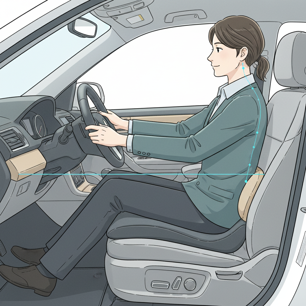 Proper driving posture with seat cushion and lumbar support to reduce hip pain
