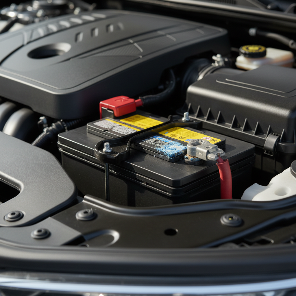 Close-up of car battery terminals with corrosion and loose connection