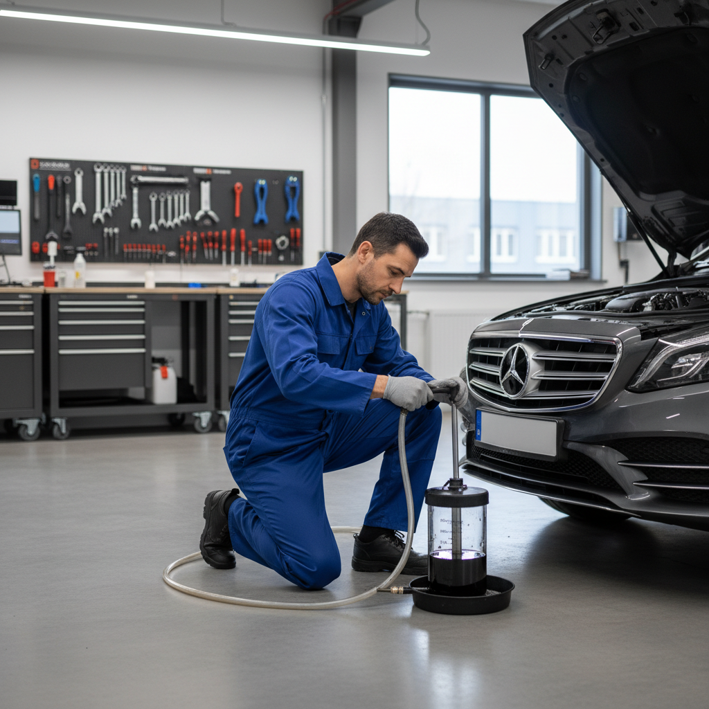 Mechanic using fluid extractor pump to remove excess automatic transmission fluid