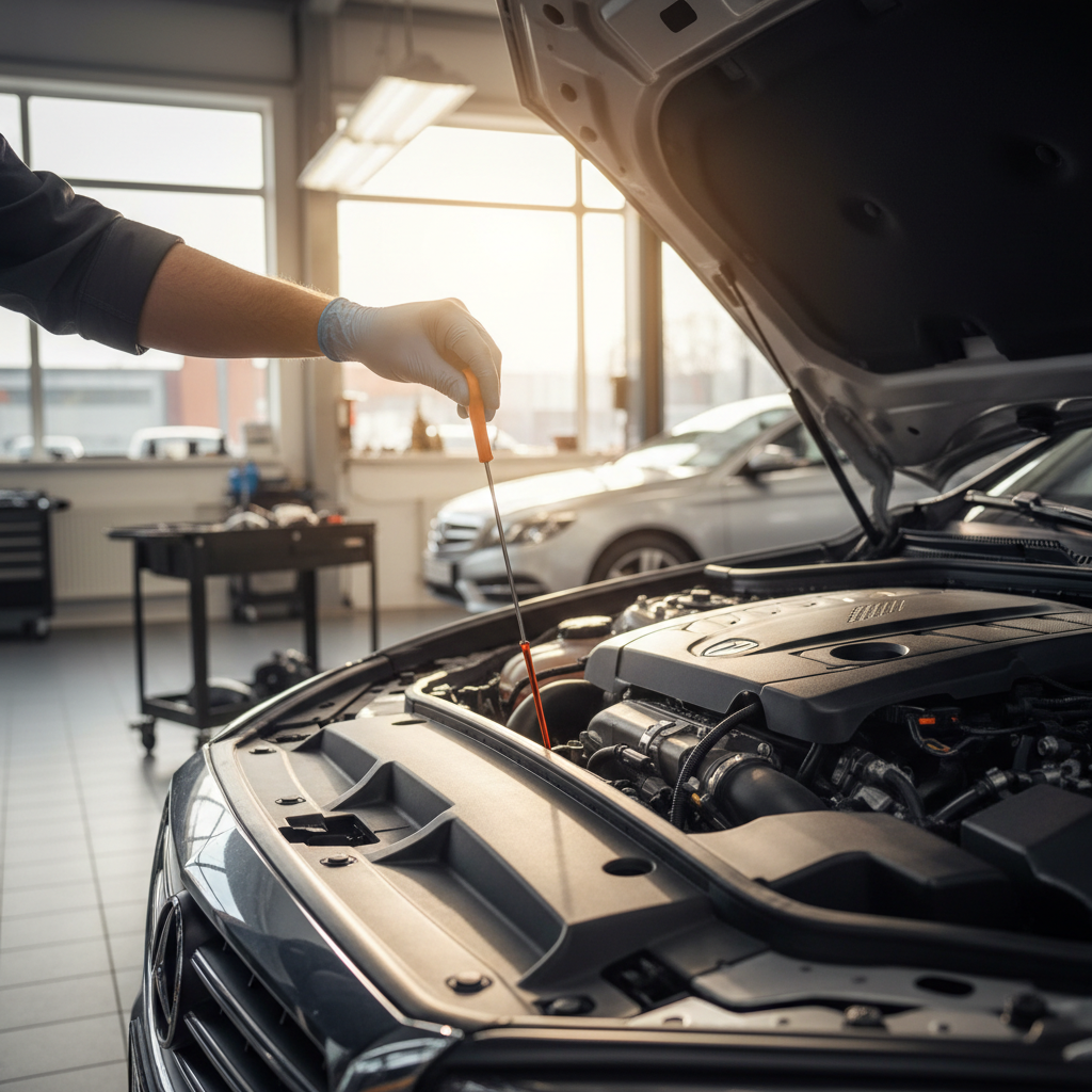 Mechanic checking transmission fluid with dipstick under hood for diagnosis