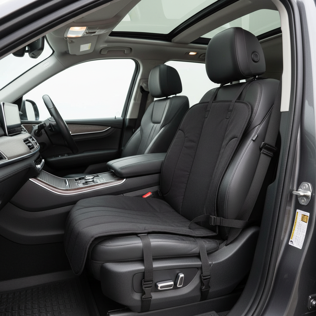 Properly installed car seat back protector with tight straps on front seat in SUV