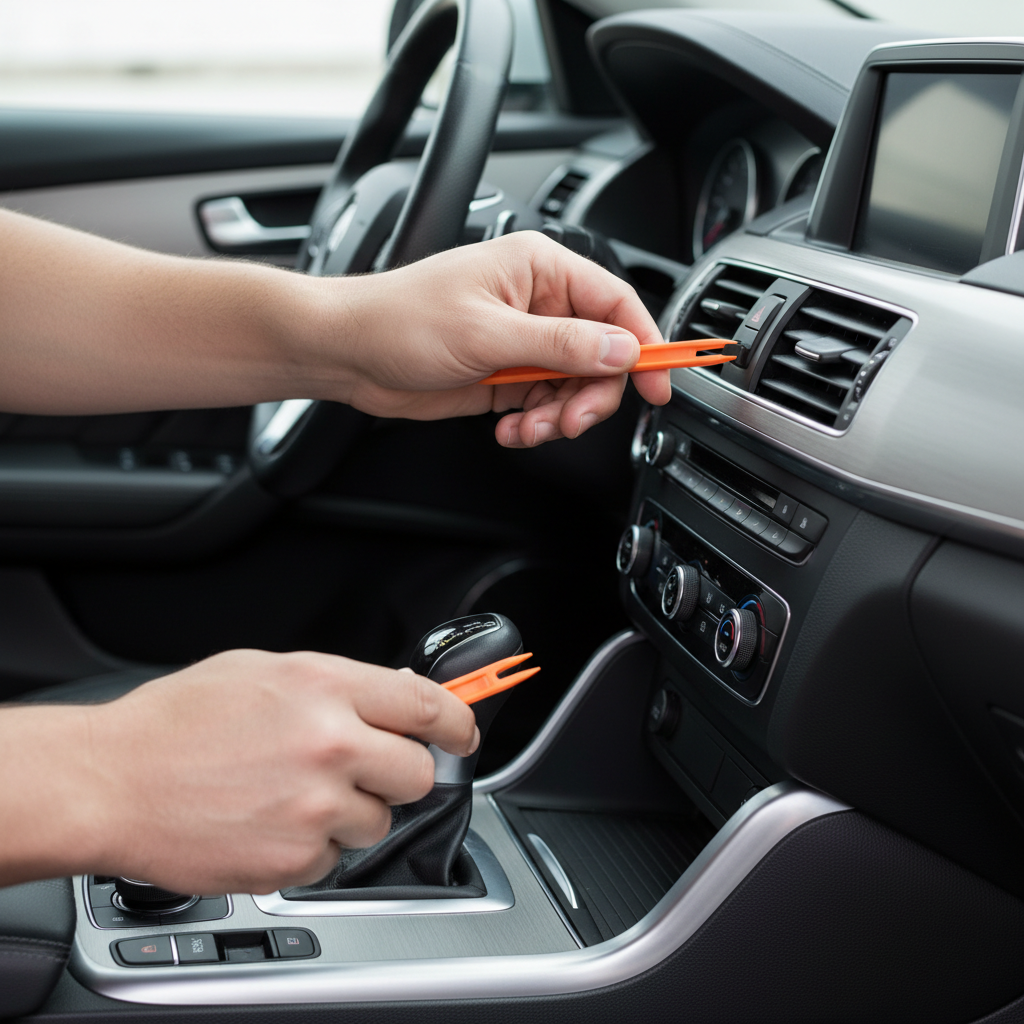 Hands using a forked trim tool to release a dashboard clip safely