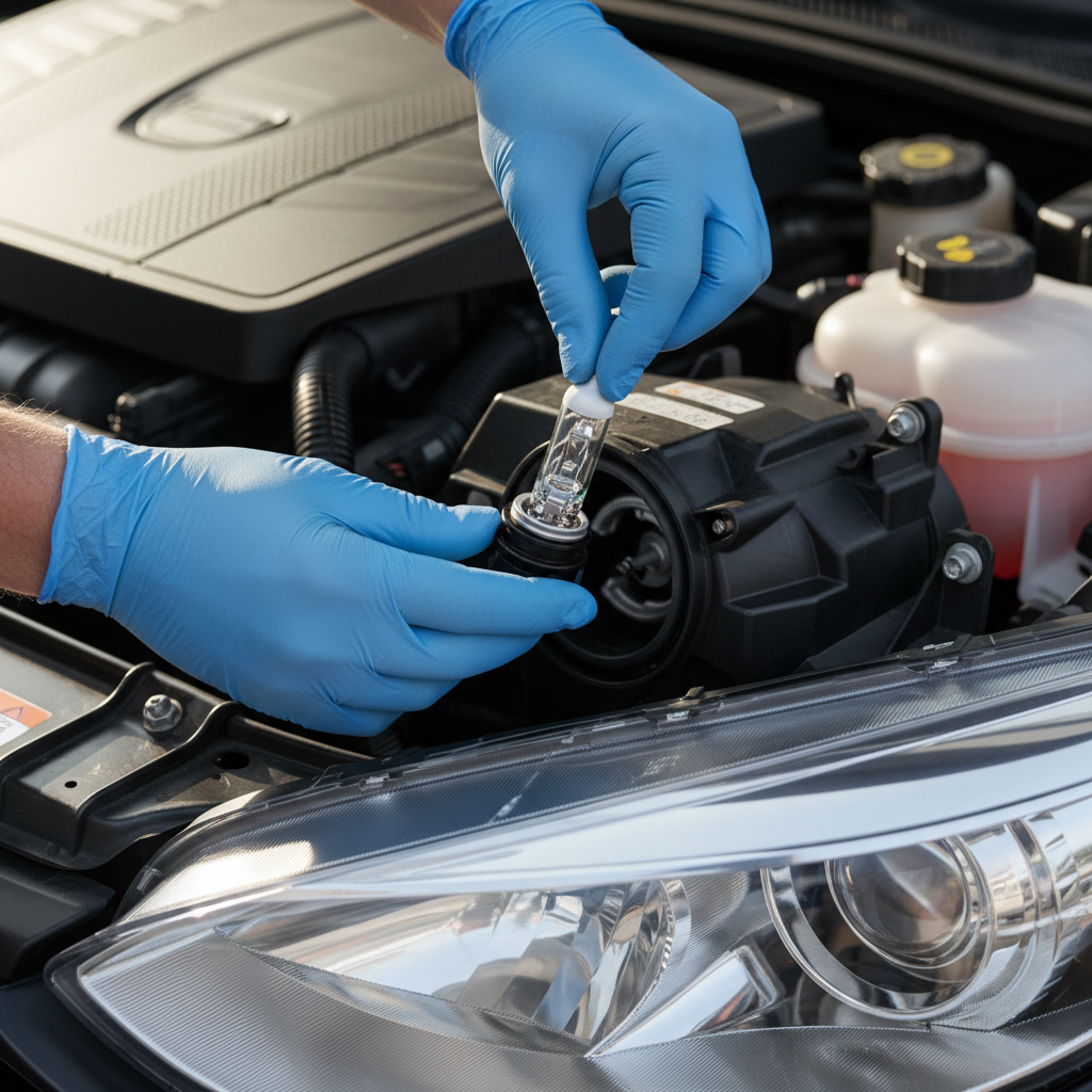 Close-up of gloved hands installing a headlight bulb without touching the glass