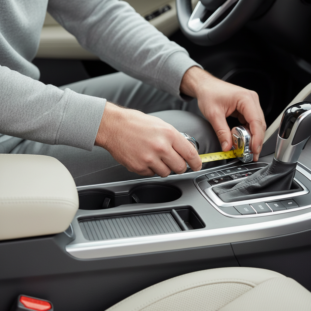 Measuring a car cup holder diameter with a tape measure for proper coaster fit