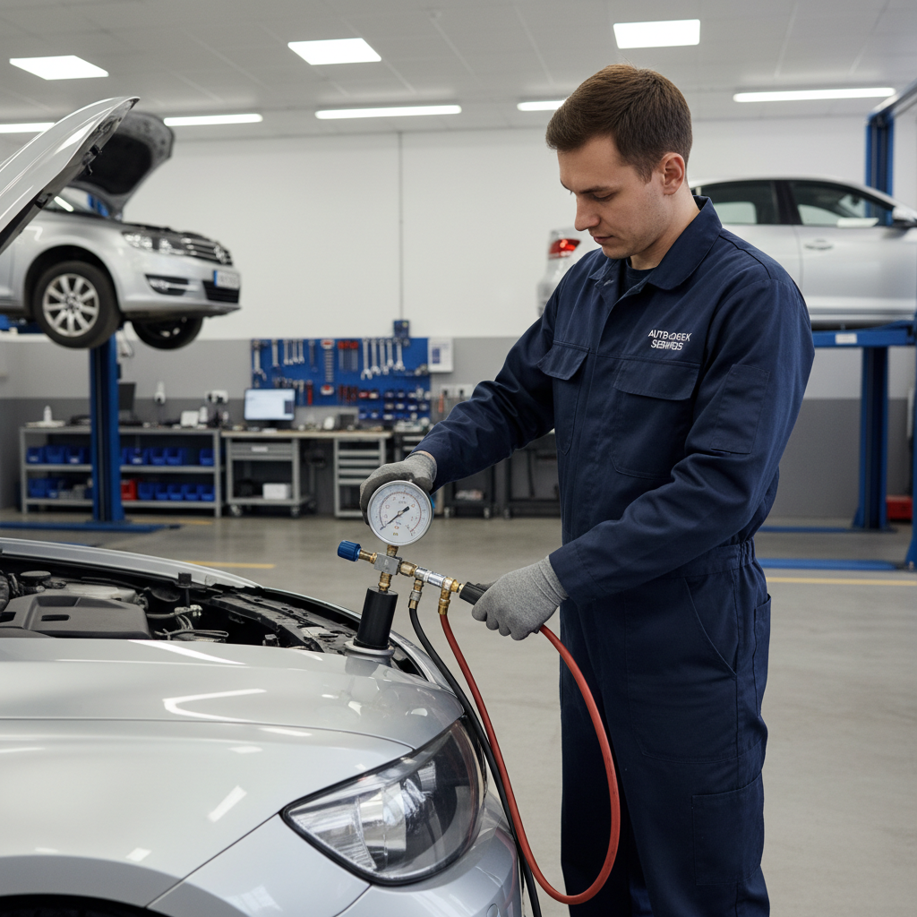 Technician pressure-testing a car cooling system in an auto repair shop