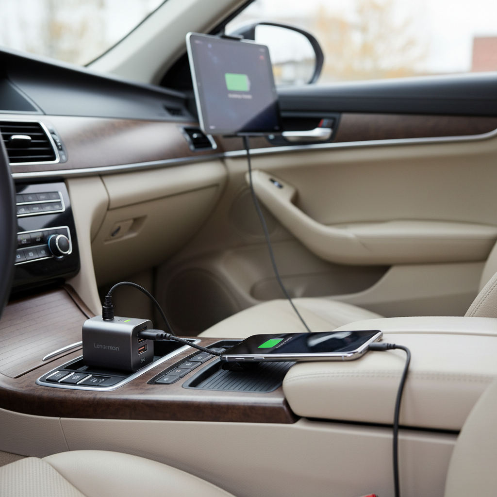 Multi-port fast car USB charger powering phone and tablet in a modern car
