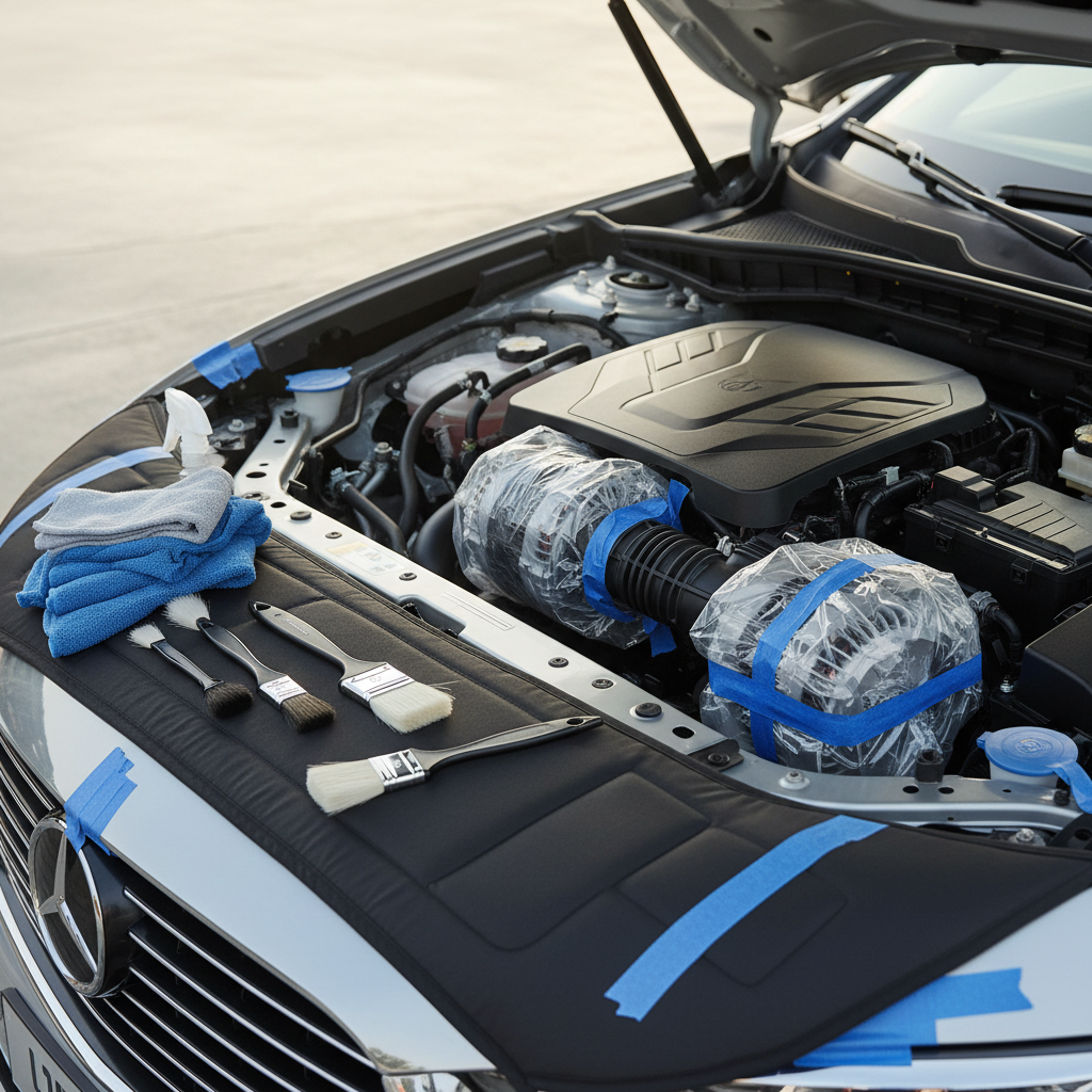 Engine bay prep with plastic bags covering alternator and electrical connectors