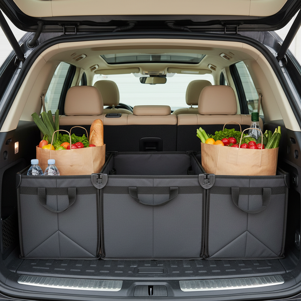 Trunk organizer holding grocery bags upright in an SUV cargo area
