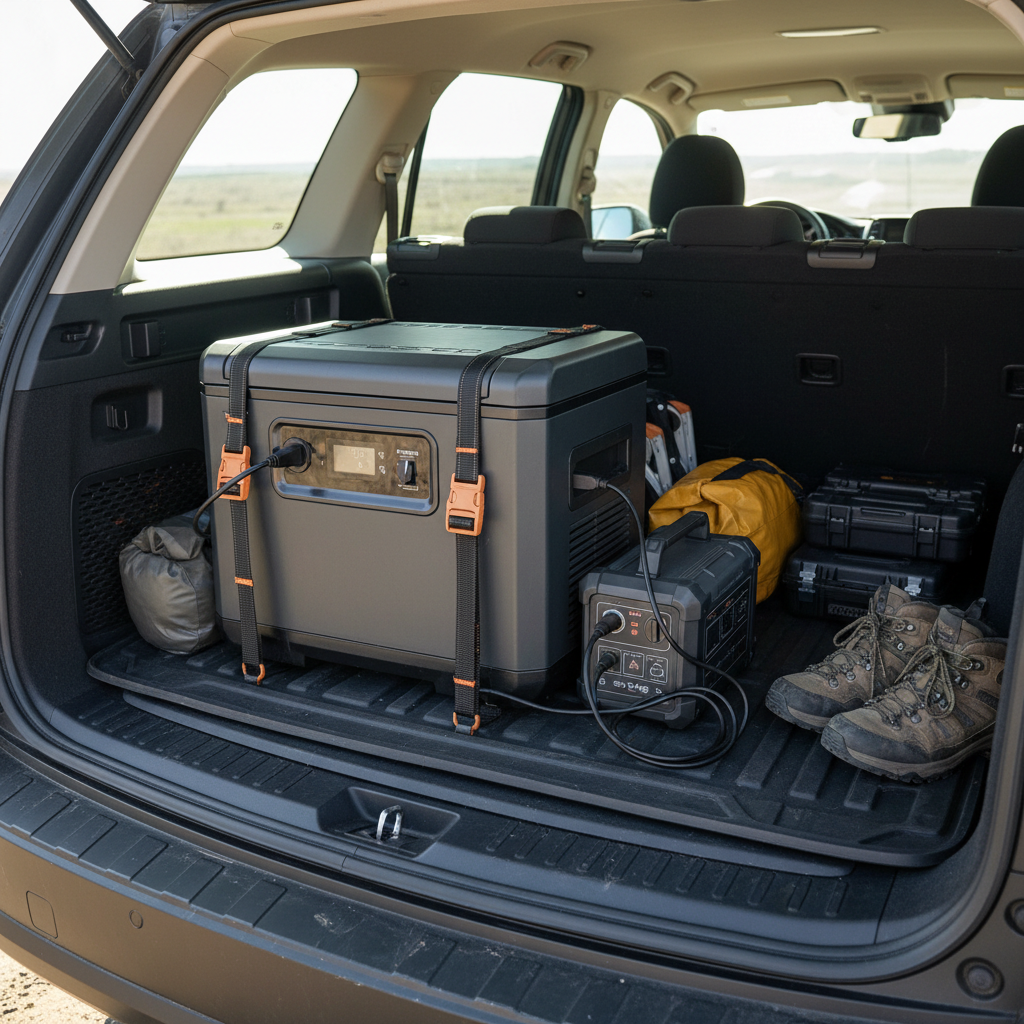 Portable fridge strapped down with tie-downs and 12V power cable management