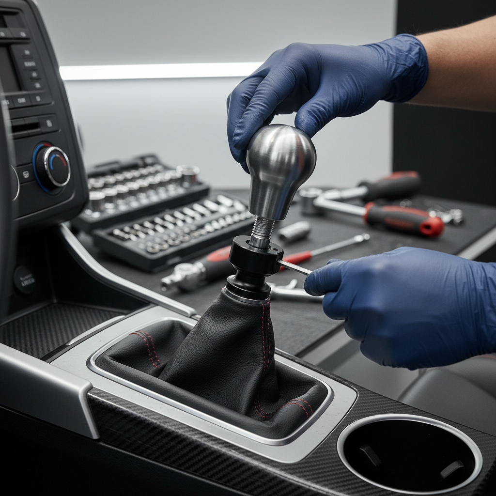 Installing a gear shift knob with an adapter and hand tools in a garage setting
