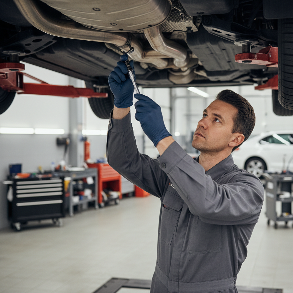 Mechanic inspecting an oxygen sensor near the exhaust on a modern car