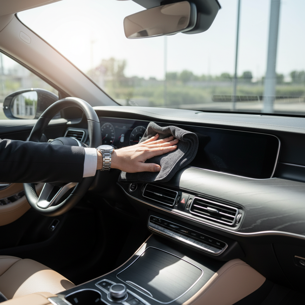 Driver testing glare reduction by placing a dark cloth on the dashboard