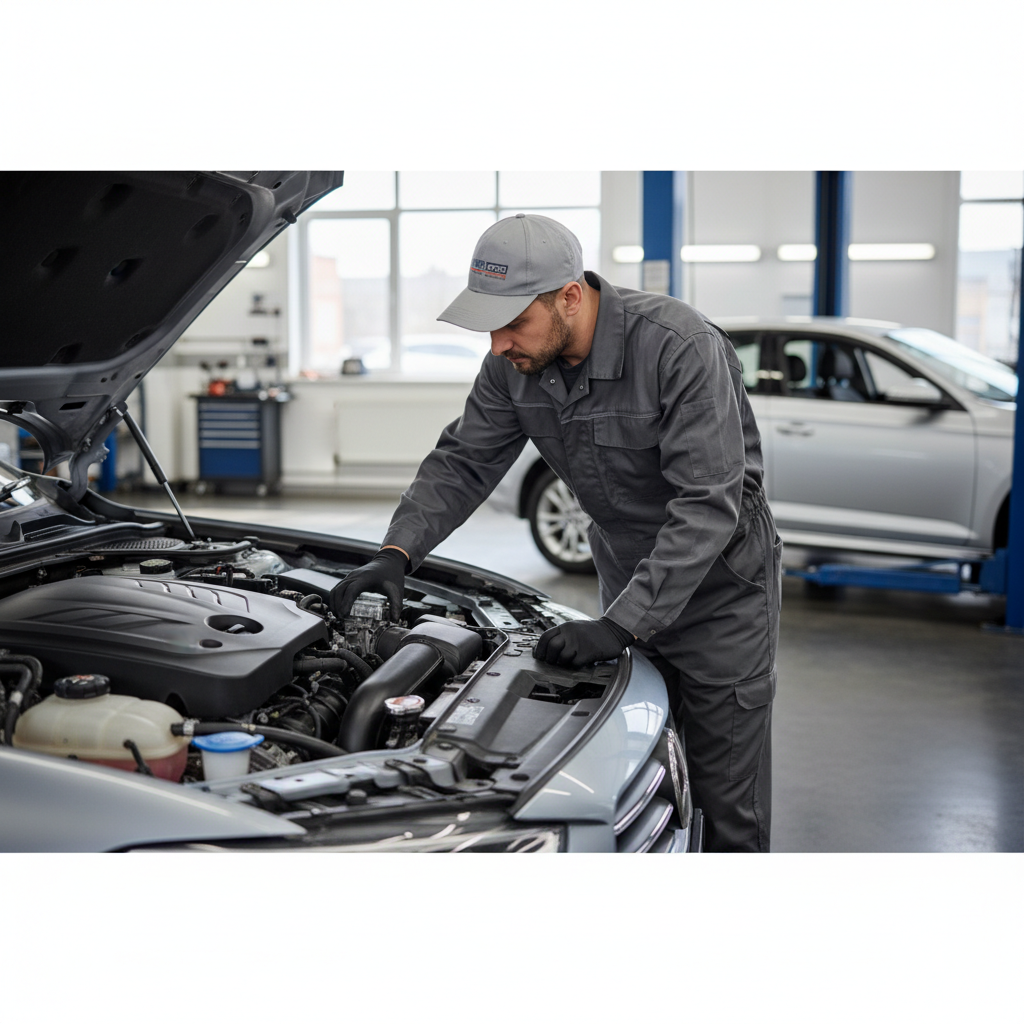 Mechanic checking coolant reservoir level under hood safely