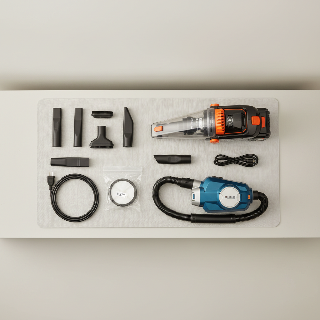 Comparison of cordless and 12V portable car vacuums with wet and dry attachments laid out on a garage workbench