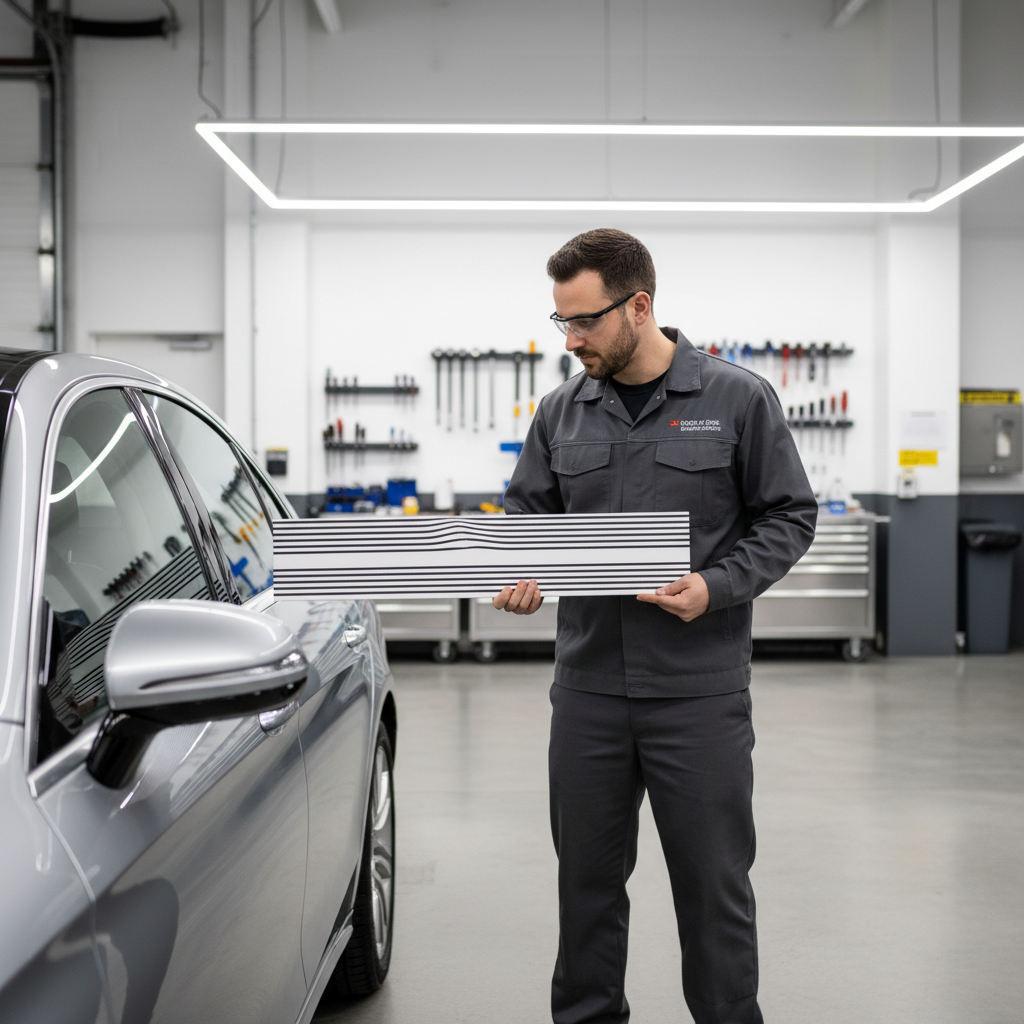 Person inspecting a car dent using a reflection line board