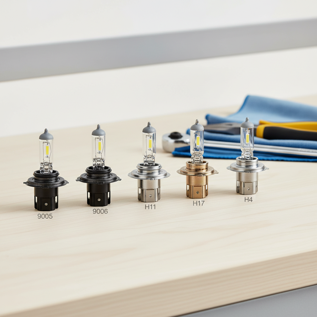 Headlight bulb types and markings comparison on a workbench