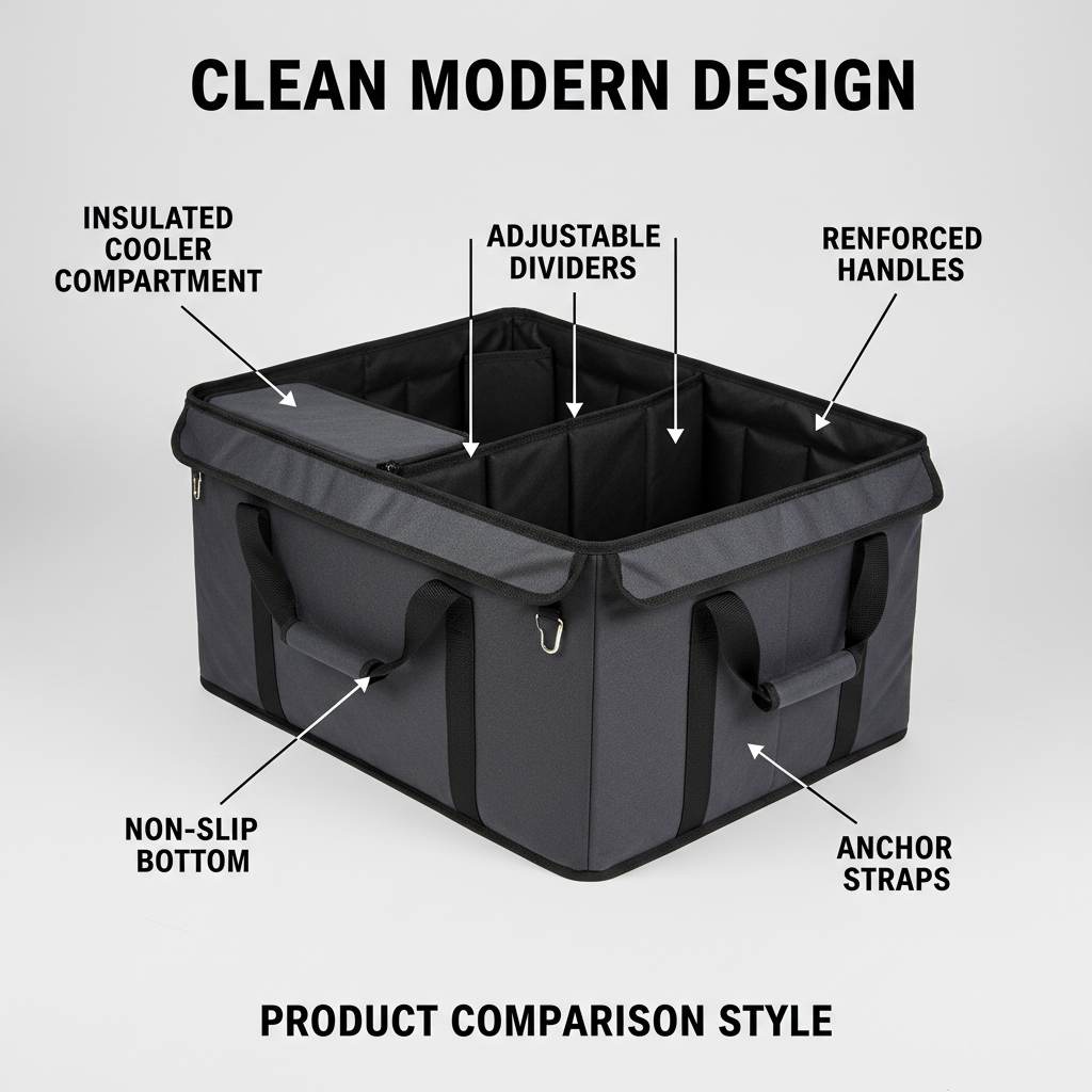 Comparison of trunk organizer features including insulation, straps, and dividers