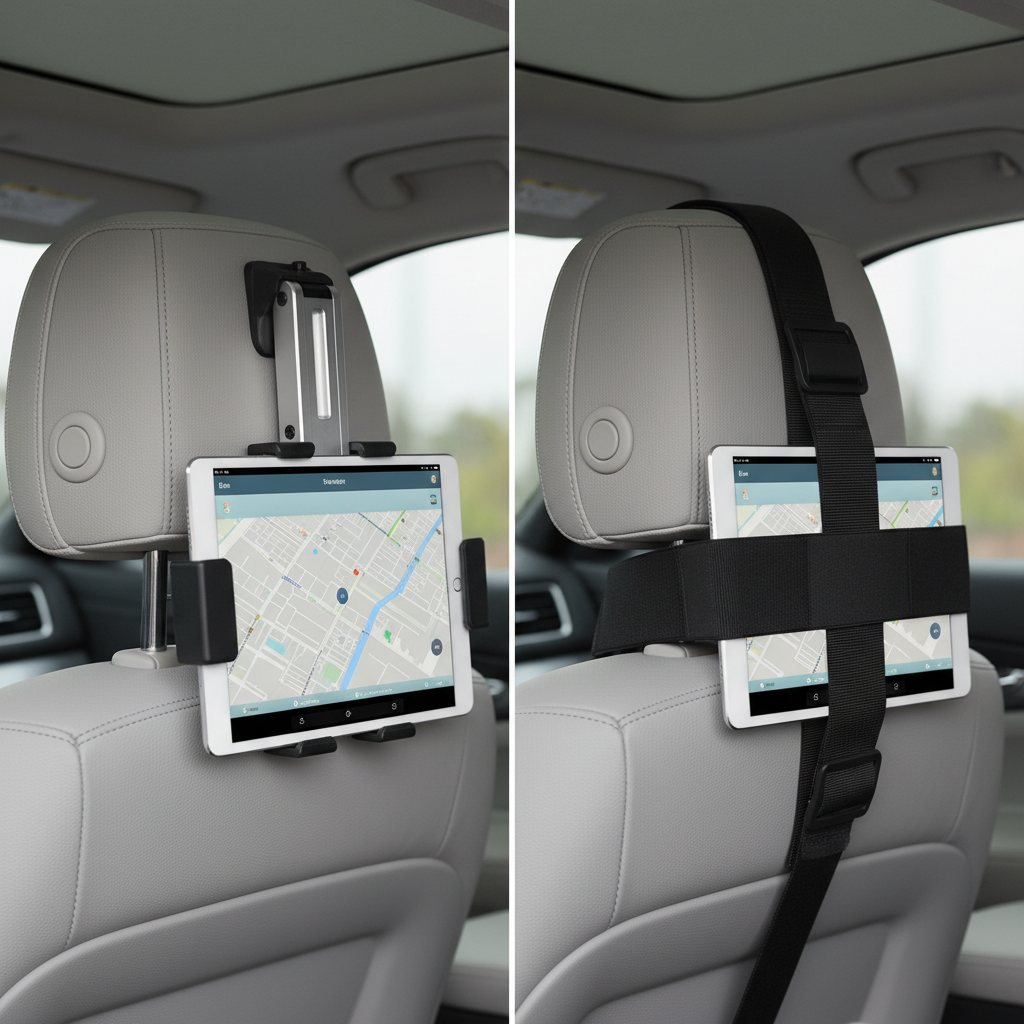 Comparison of headrest post mount vs strap mount for tablets in car