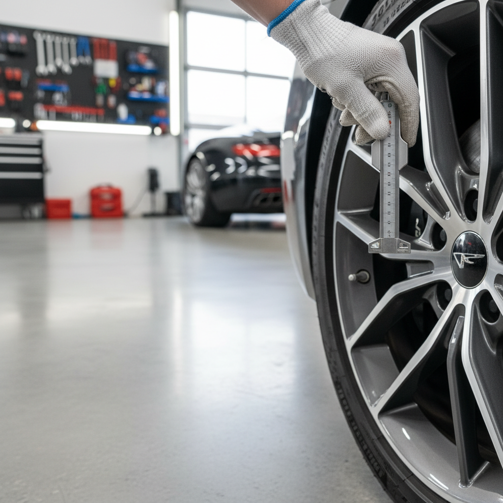 Small cut on tire sidewall with measuring tool for depth and length