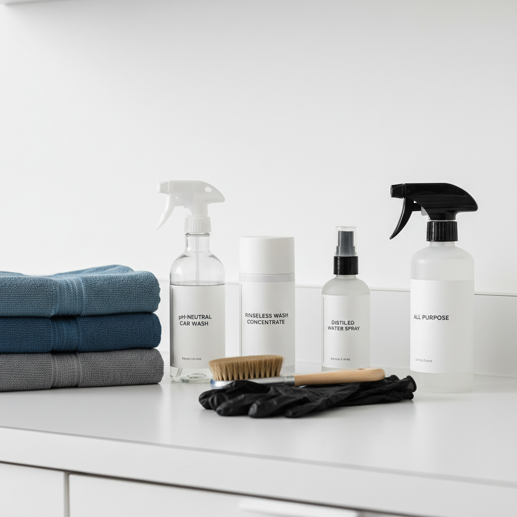 Detailing supplies for safely removing bird droppings from car paint