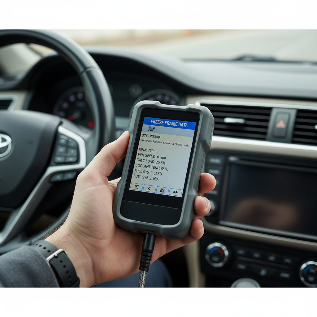 OBD2 scan tool showing camshaft position sensor freeze frame data