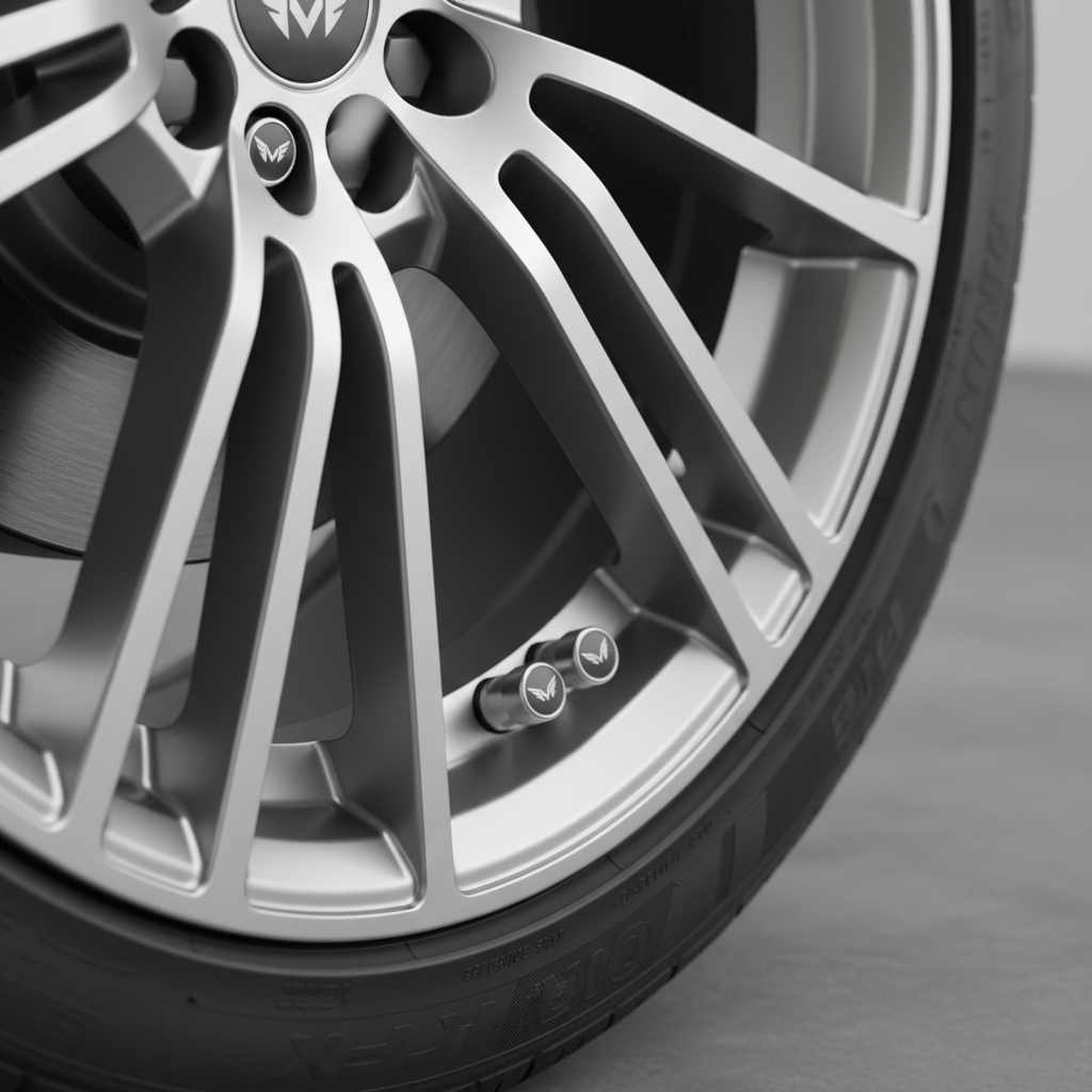 Close-up of custom logo tire valve stem caps on a car wheel