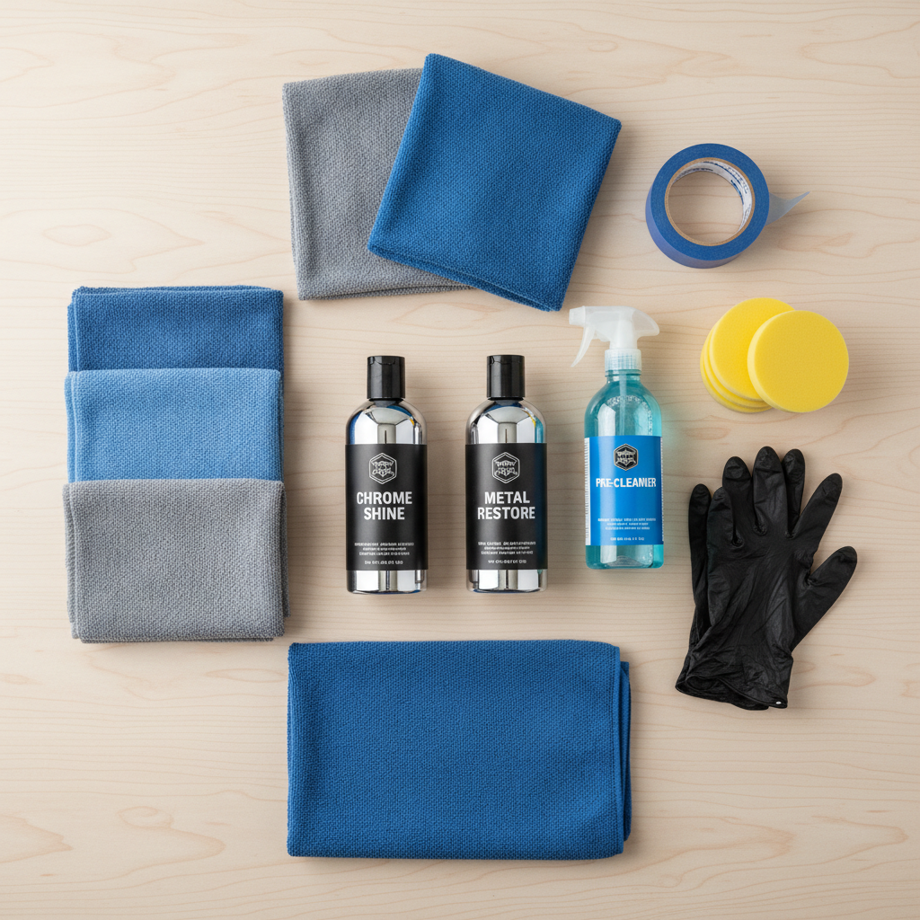 Detailing supplies for chrome: microfiber towels, masking tape, metal polish, nitrile gloves
