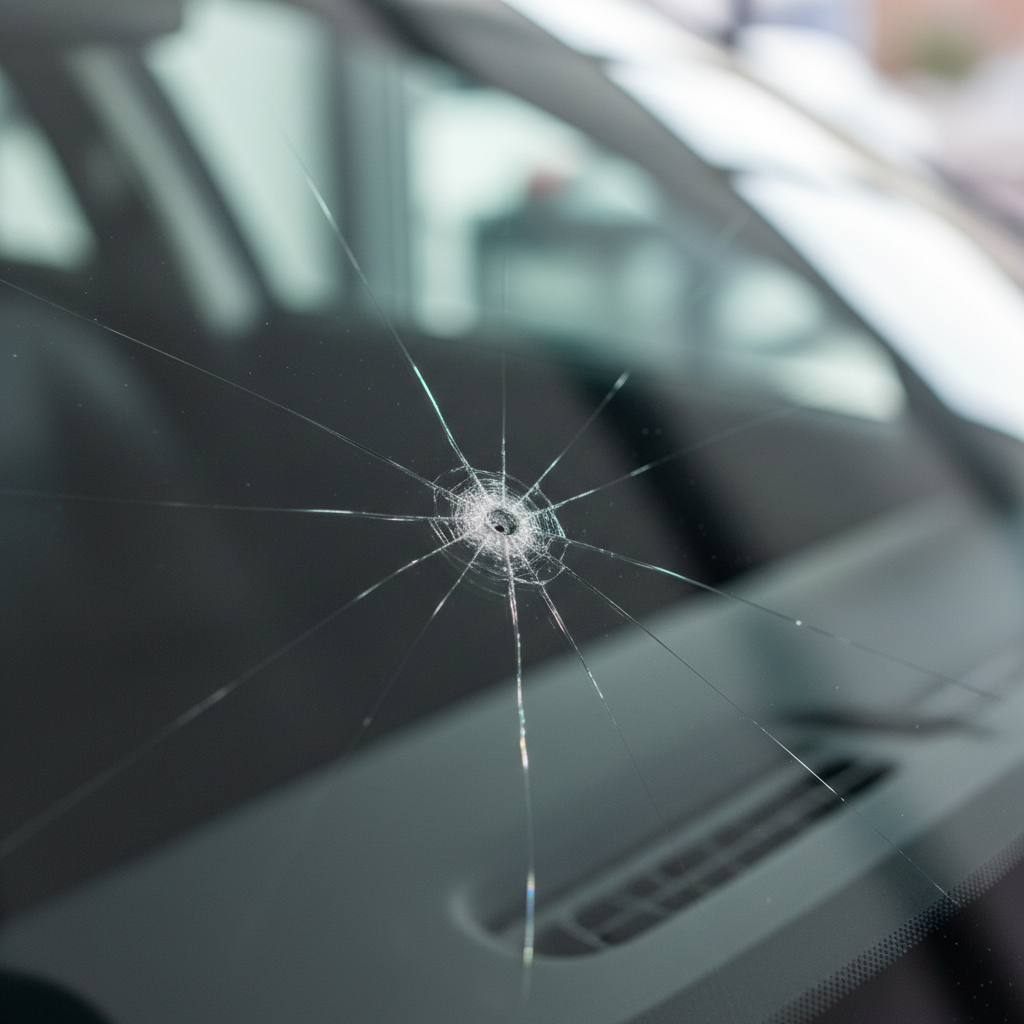 Close-up of a small windshield chip on a car glass surface
