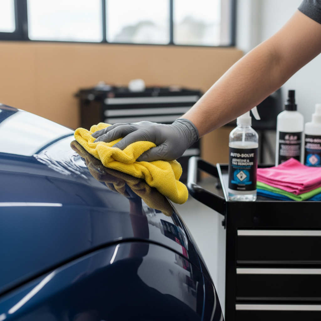 Wiping adhesive residue from car paint with microfiber and adhesive remover