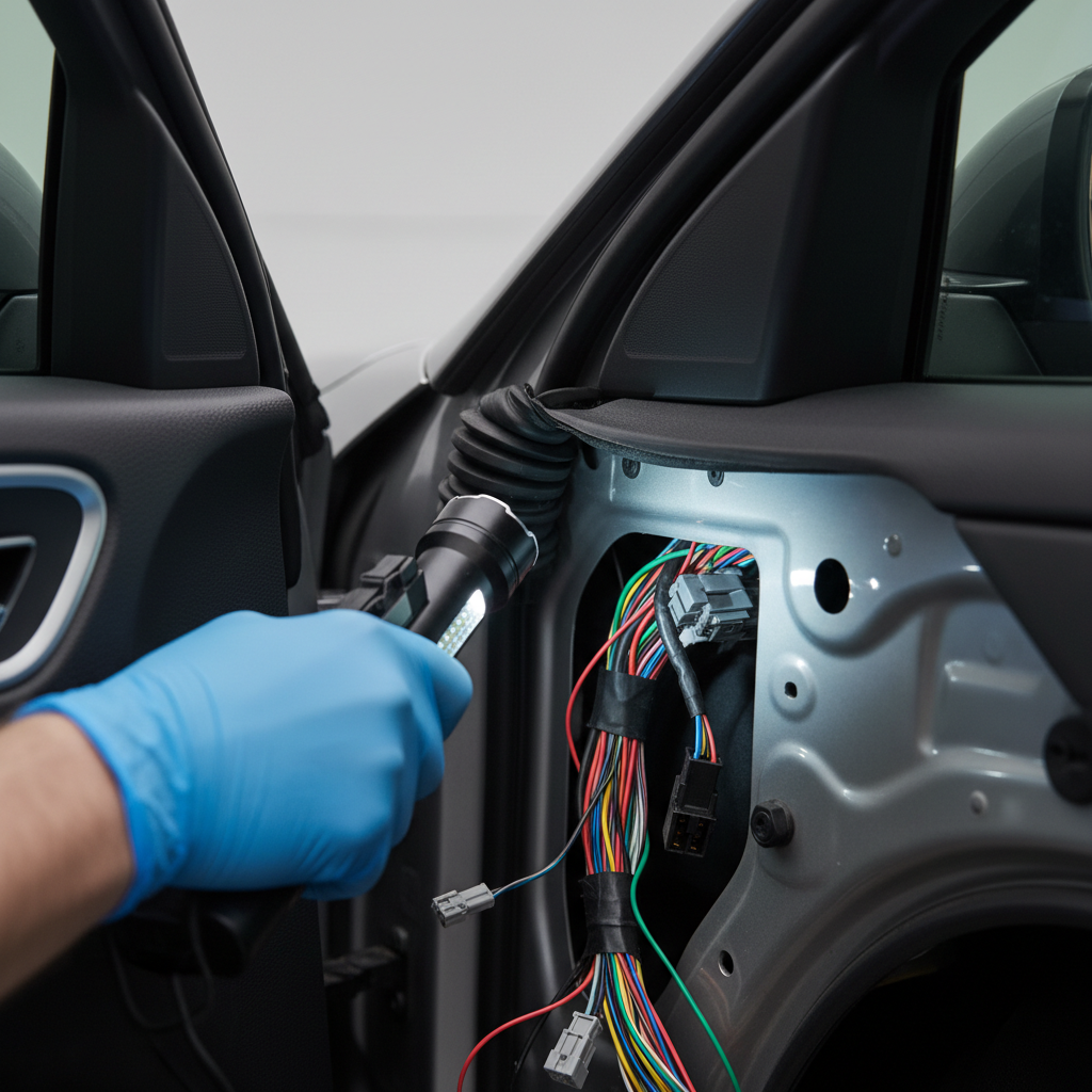 Technician inspecting door jamb wiring harness for broken wires