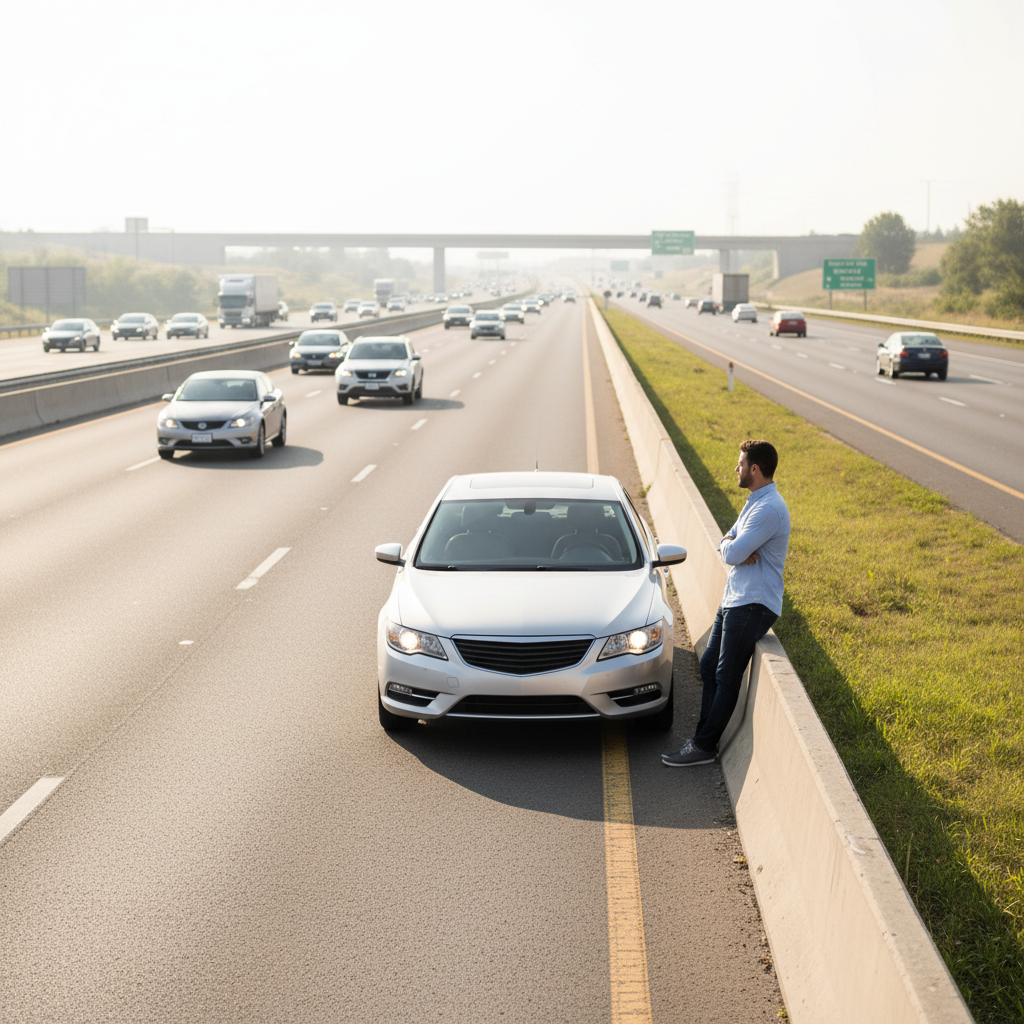 Car pulled over on highway shoulder with hazard lights after engine overheating