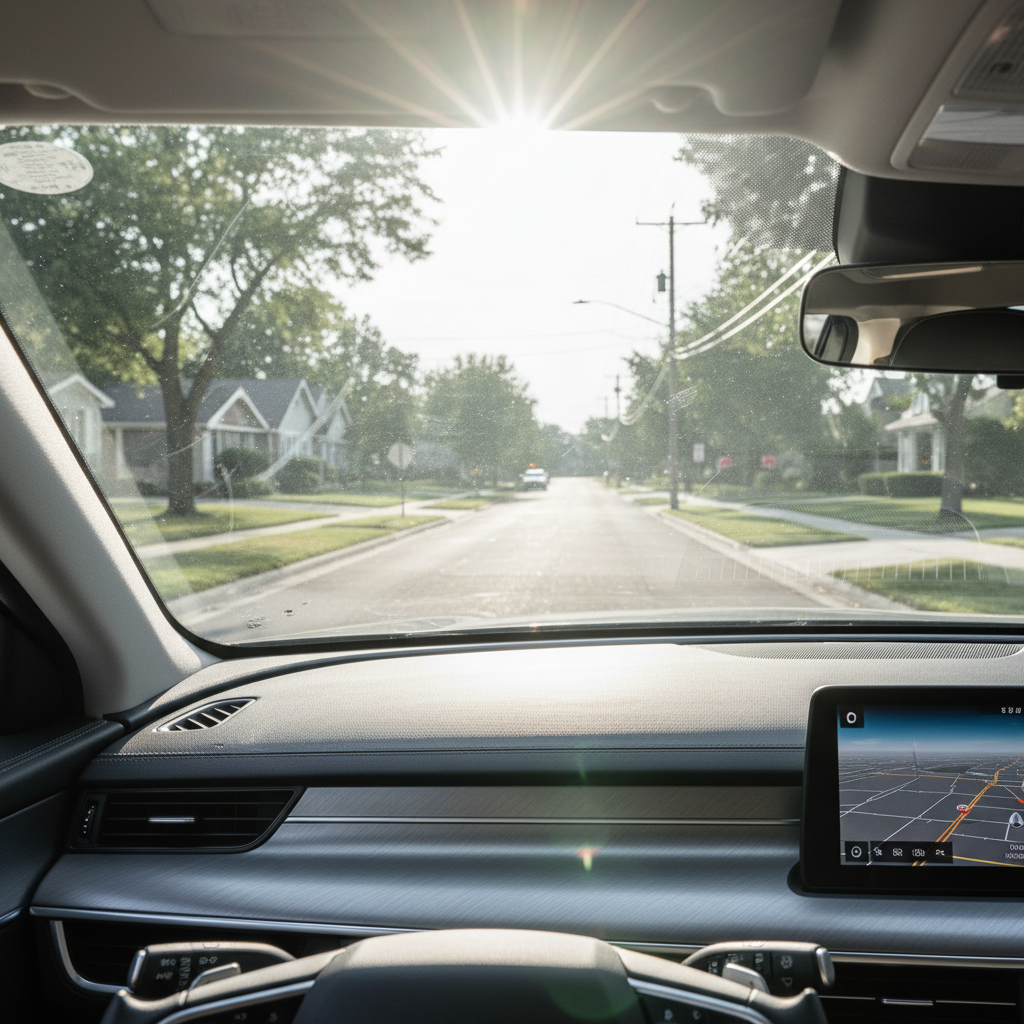 Windshield glare caused by a shiny dashboard in bright sunlight