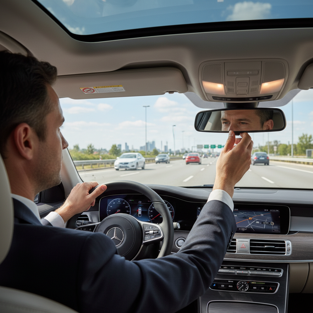 Driver adjusting rear view mirror and checking blind spots in daylight